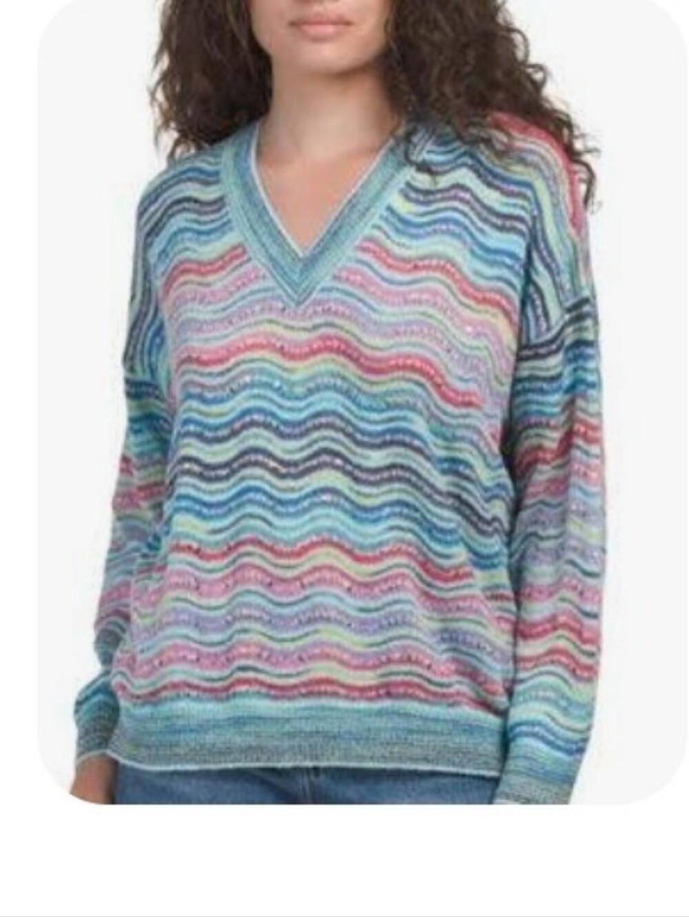 M Missoni Wave-Pattern Knit Sequined Sweater Multi Blue Yellow Black Sz M